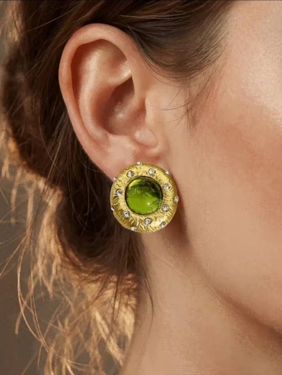 Spectrum Designz Jewelry - Gold-Tone Earrings with Green Glass Center and Crystal Accents